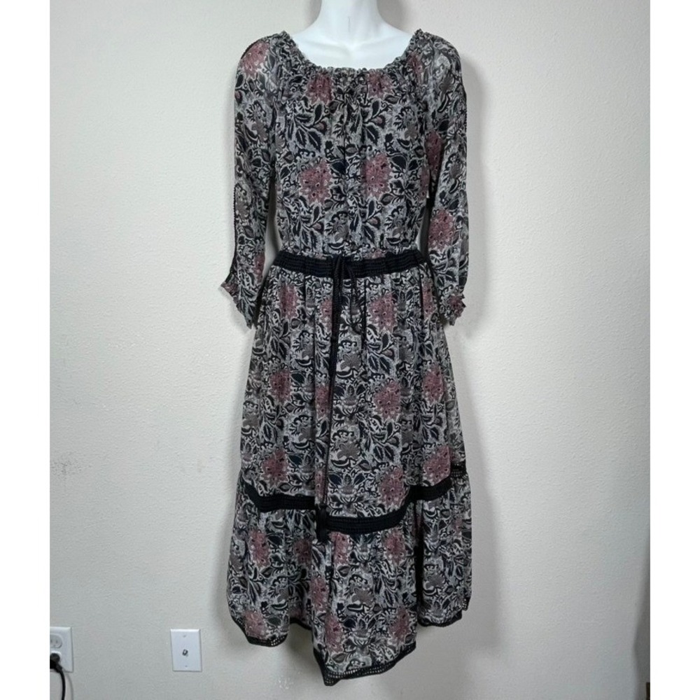 Lucky Brand Floral Paisley Midi Dress S Black Pink Boho Crochet Cottagecore